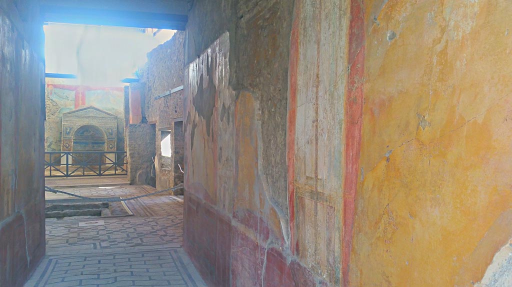 VII.2.45 Pompeii. 2017/2018/2019.
Looking north along east wall of entrance corridor with decorated walls. Photo courtesy of Giuseppe Ciaramella.