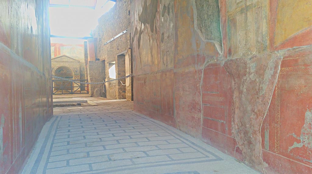 VII.2.45 Pompeii. 2017/2018/2019.
Looking north along zoccolo on lower east wall of entrance corridor. Photo courtesy of Giuseppe Ciaramella.