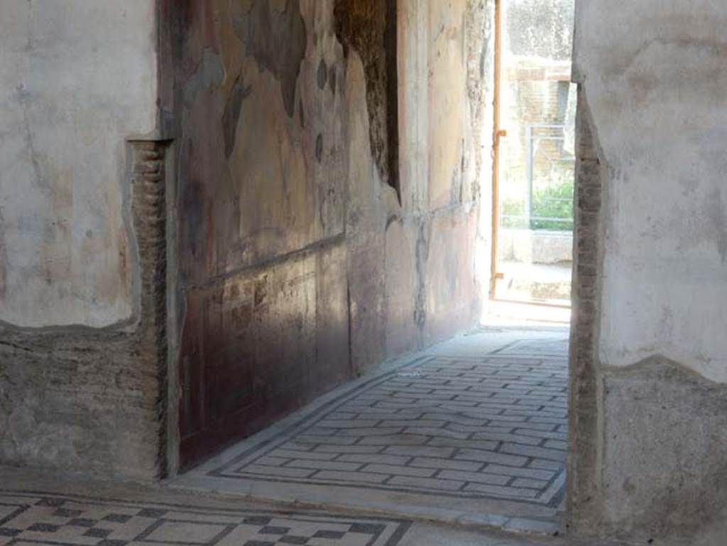 VII.2.45 Pompeii, May 2018. Looking south from atrium along east wall of vestibule towards entrance doorway. Photo courtesy of Buzz Ferebee.