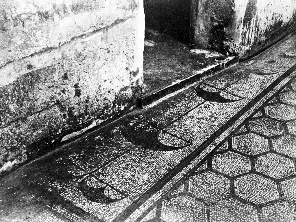 VI.2.45 Pompeii. W.11. Patterned mosaic floor on west side of atrium.
According to Bragantini, this area is described as a wide threshold with “pelta”, or crescent-shaped shields, in front of the west wall.
See Bragantini, de Vos, Badoni, 1986. Pitture e Pavimenti di Pompei, Parte 3. Rome: ICCD. (p.87, atrio ‘b’)
Photo by Tatiana Warscher. Photo © Deutsches Archäologisches Institut, Abteilung Rom, Arkiv.