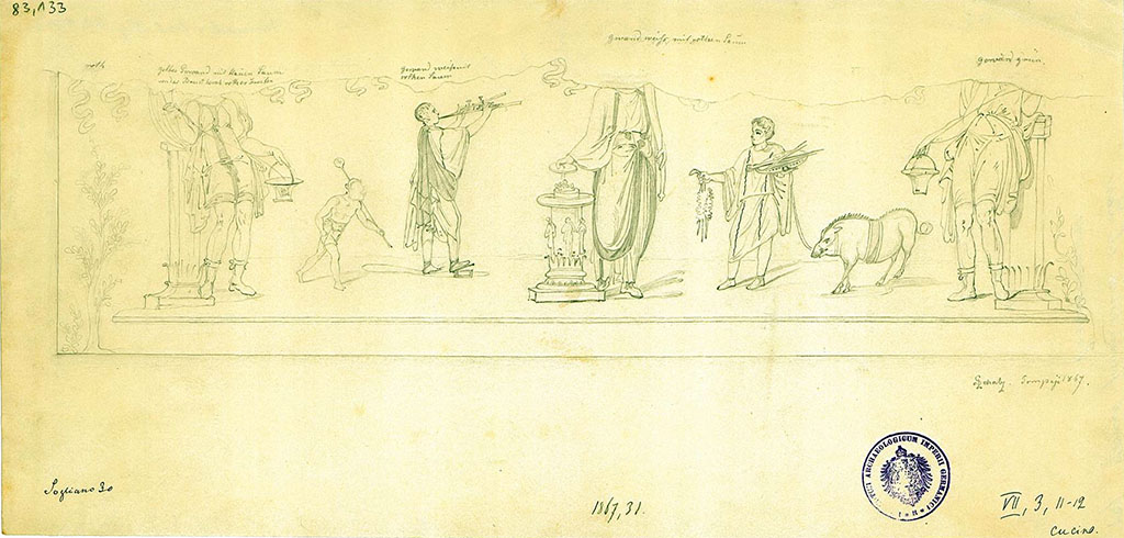 VII.3.11 Pompeii. 1867 drawing by Schulz of lararium painting in the kitchen, now destroyed.
DAIR 83.133. Photo © Deutsches Archäologisches Institut, Abteilung Rom, Arkiv.
According to Boyce, In the wall of the kitchen was set a niche and between it and the hearth was the lararium painting (w. 2.32) in two zones.
In the centre of the upper zone (top damaged, h. uncertain) stands a blazing altar and to the r. of it the Genius, wearing a toga praetexta and holding in the left a cornucopia, in the right a patera above the altar.
Behind him comes a camillus in white tunic, carrying in right hand garlands and taeniae, in the left, with which he leads by a string a hog adorned with vittae, a large shallow dish containing several spits.
On the opposite side of the altar stands the tibicen in white tunic and red toga (sic) with his right foot upon a scabellum; behind him a very small, nude popa carries in his right the sacrificial knife, in his left a malleus.
On each side of this group is a Lar with rhyton and situla, leaning with one arm upon a pillar.
In the lower zone (h. 0.90) are two serpents confronted at an altar furnished with eggs and fruit.
See Boyce G. K., 1937. Corpus of the Lararia of Pompeii. Rome: MAAR 14, p.64, no. 265, pl. 19,1.
See Fröhlich, T., 1991. Lararien und Fassadenbilder in den Vesuvstädten. Mainz: von Zabern, p. 285, L82, Abb. 4.
See Giacobello, F., 2008. Larari Pompeiani: Iconografia e culto dei Lari in ambito domestico. Milano: LED Edizioni. (p.191-2)