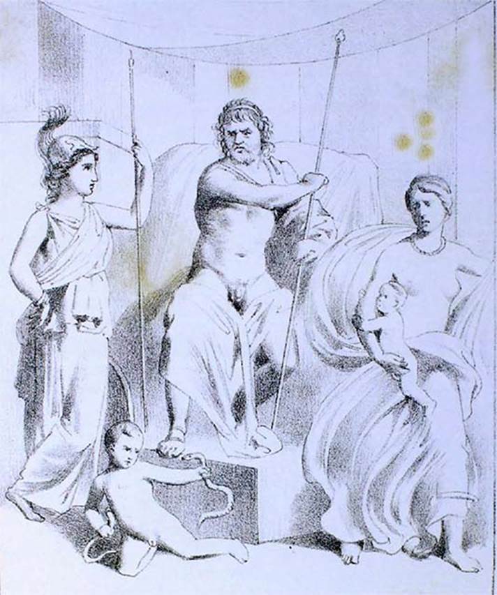 VII.3.11 Pompeii. Cubiculum/oecus east wall. Drawing by L. Schulz, 1867, of a painting of young Hercules strangling the serpents.
See Archäologische Zeitung 1868, Taf. IV lower.