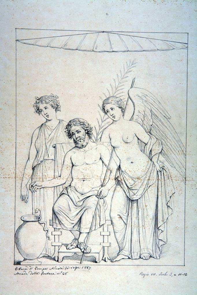 VII.3.11 Pompeii. Drawing by Nicola La Volpe, 1867, of a painting of Jove on his throne with two female figures, described as being from the same east wall as the above.
This was seen at the centre of one of the walls of a room described as an oecus, or a cubiculum, on the east side of the peristyle.
Now in Naples Archaeological Museum. Inventory number ADS 559.
Photo © ICCD. http://www.catalogo.beniculturali.it
Utilizzabili alle condizioni della licenza Attribuzione - Non commerciale - Condividi allo stesso modo 2.5 Italia (CC BY-NC-SA 2.5 IT)
Nothing now remains of the original painting as the oecus/cubiculum has lost all of its plaster.