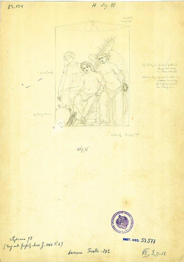 VII.3.11 Pompeii. Drawing by L. Schulz, 1867, of a painting of Jove on his throne with two female figures.
DAIR 83.134. Photo © Deutsches Archäologisches Institut, Abteilung Rom, Arkiv.
See Archäologische Zeitung 1868, Taf. IV upper.