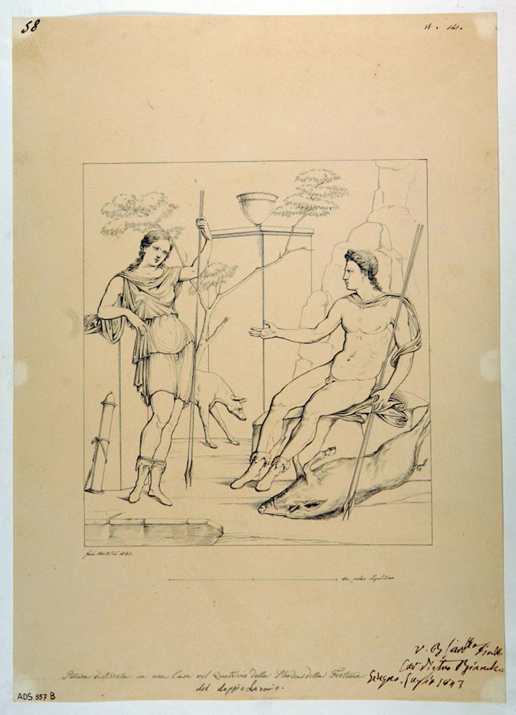 VII.3.13 Pompeii. Drawing by Giuseppe Abbate, 1843, of painting seen on west wall of triclinium, showing Atalanta and Meleager.
This painting was not cut and detached from the wall, and now this drawing is the only documentation of it.
Now in Naples Archaeological Museum. Inventory number ADS 557 B.
Photo © ICCD. http://www.catalogo.beniculturali.it
Utilizzabili alle condizioni della licenza Attribuzione - Non commerciale - Condividi allo stesso modo 2.5 Italia (CC BY-NC-SA 2.5 IT)
See Helbig, W., 1868. Wandgemälde der vom Vesuv verschütteten Städte Campaniens. Leipzig: Breitkopf und Härtel, (1162)