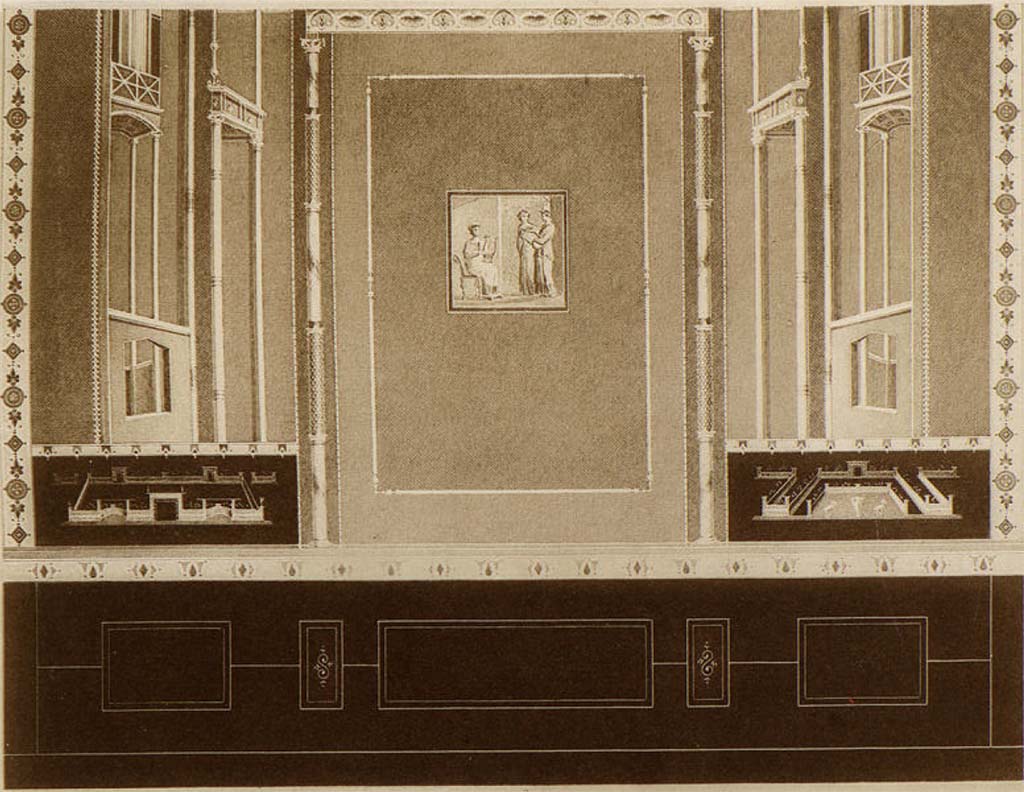 VII.3.29 Pompeii. About 1880. Room 10, north wall of cubiculum. 
Painting of wall with fresco of Pindar and Corinna in centre panel and garden scenes in black panels below.
See Schefold, K., 1957. Die Wände Pompejis. Berlin: De Gruyter. p. 177.
See Mau, A. 1882. Geschichte der Decorativen Wandmalerei in Pompeji. Berlin: Reimer. (p. 359, p. 396, Tafel 11a.)

