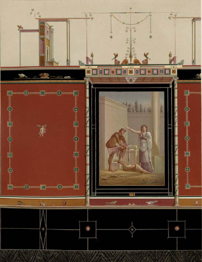 VII.3.29 Pompeii. Drawing of about 1880, of wall painting from the south wall of the triclinium. Wall painting now in Naples Museum. Inventory number 120086. According to Sogliano, Heydemann thought the painting was of Hercules. Helbig proposed that the painting represented Achilles at the altar of Diana. Brizio recognised the atonement of Oreste after killing his mother. See Sogliano, A., 1879. Le pitture murali campane scoverte negli anni 1867-79. Napoli: (p. 101 no: 548 – 120085, and p.126 no: 616 – 120086)