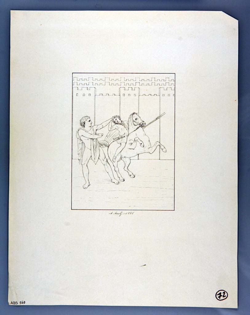 VII.3.29 Pompeii. 1868 drawing by A. Aurelj of painting of a hero and an Amazon on horseback from north wall of the triclinium.
Now in Naples Archaeological Museum. Inventory number ADS 568.
Photo © ICCD. http://www.catalogo.beniculturali.it
Utilizzabili alle condizioni della licenza Attribuzione - Non commerciale - Condividi allo stesso modo 2.5 Italia (CC BY-NC-SA 2.5 IT)