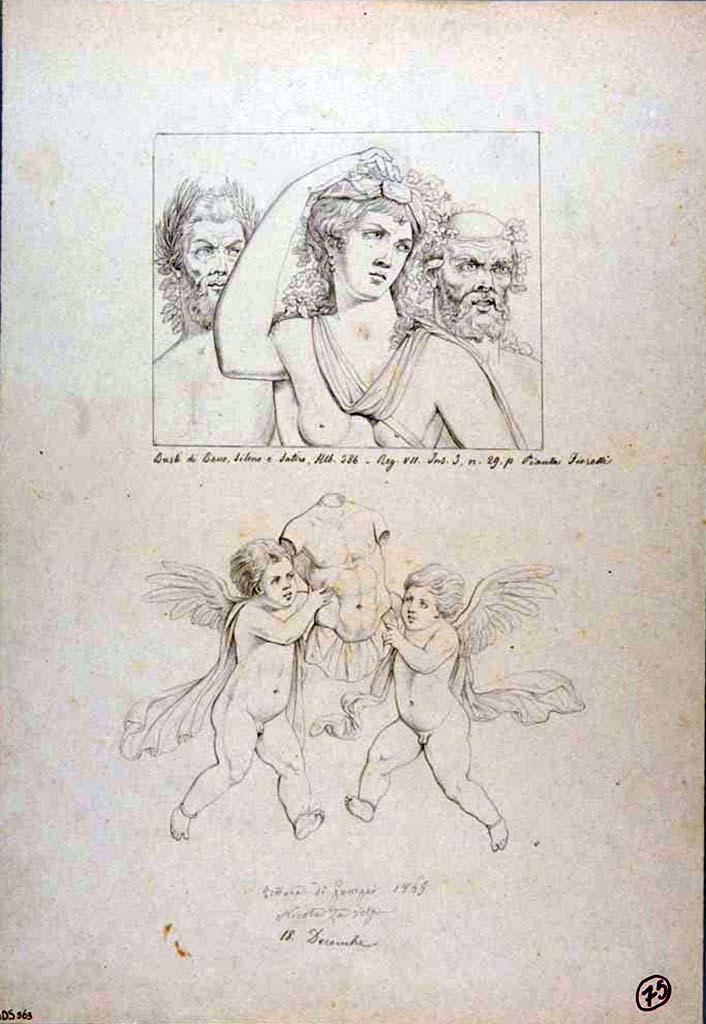 VII.3.29 Pompeii. Room 13, ala on east side of atrium. South wall.
18th December 1865 drawing by Nicola La Volpe of two vignettes.
In the first are depicted the busts of three characters of the Bacchic cortege: in the centre is a Maenad with bare breasts who holds the right arm on the head, at whose shoulders are, on the left, a pine-crowned Satyr and, on the right, Silenus crowned with ivy.
In the second panel are depicted two winged cupids in flight, with bracelets at the ankles, and they carry, between them, a large golden breastplate.
Now in Naples Archaeological Museum. Inventory number ADS 563.
Photo © ICCD. http://www.catalogo.beniculturali.it
Utilizzabili alle condizioni della licenza Attribuzione - Non commerciale - Condividi allo stesso modo 2.5 Italia (CC BY-NC-SA 2.5 IT)
Helbig identified the heads as Bacchus, Silenus and Satyr.
The lower drawing, from a painted panel in the atrium, was of two cupids carrying a large golden breast-plate.
The drawings show paintings that are now totally faded.
See Helbig, W., 1868. Wandgemälde der vom Vesuv verschütteten Städte Campaniens. Leipzig: Breitkopf und Härtel, (386).
Kuivalainen describes –
A composition of three busts, heads slightly turned to their left. The one in the middle is an effeminate youth wearing a chlamys, which forms an arch on his naked chest; his long and curly hair is tied with a taenia, which he touches with the delicate fingers of his right hand. On the youth’s left stands a sprightly, bearded satyr with a pine wreath on his head. On the right side stands Silenus with a ribbon and leaves at his temples. All three are intensively looking to their left.
He comments –
The effeminate Bacchus had, according to Helbig, a thyrsus across his chest, while La Volpe depicted him with the arching sleeve of a cloak and a leather band. This gesture by Bacchus appears every now and then in Pompeian wall paintings, notwithstanding the posture of his bodily frame.
See Kuivalainen, I., 2021. The Portrayal of Pompeian Bacchus. Commentationes Humanarum Litterarum 140. Helsinki: Finnish Society of Sciences and Letters, (F17, p.172).