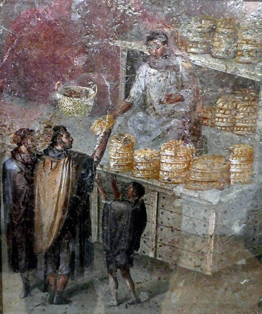VII.3.30 Pompeii. Found in the tablinum.  
Wall painting of The Breadseller or The Distribution of Bread or The Baker’s shop.  
Now in Naples Archaeological Museum. Inventory number 9071
Photo courtesy of Giuseppe Ciaramella taken December 2019.
