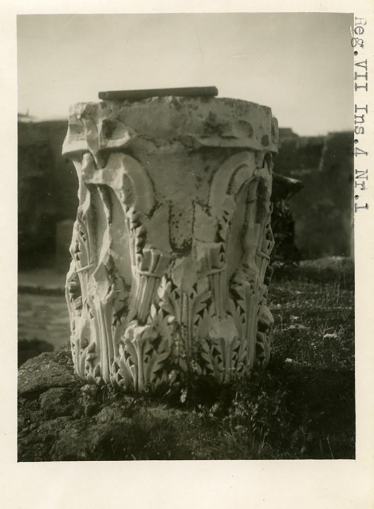 VII.4.1 Pompeii. Pre-1937-39. Capital on upper podium/portico.
Photo courtesy of American Academy in Rome, Photographic Archive. Warsher collection no. 1194
