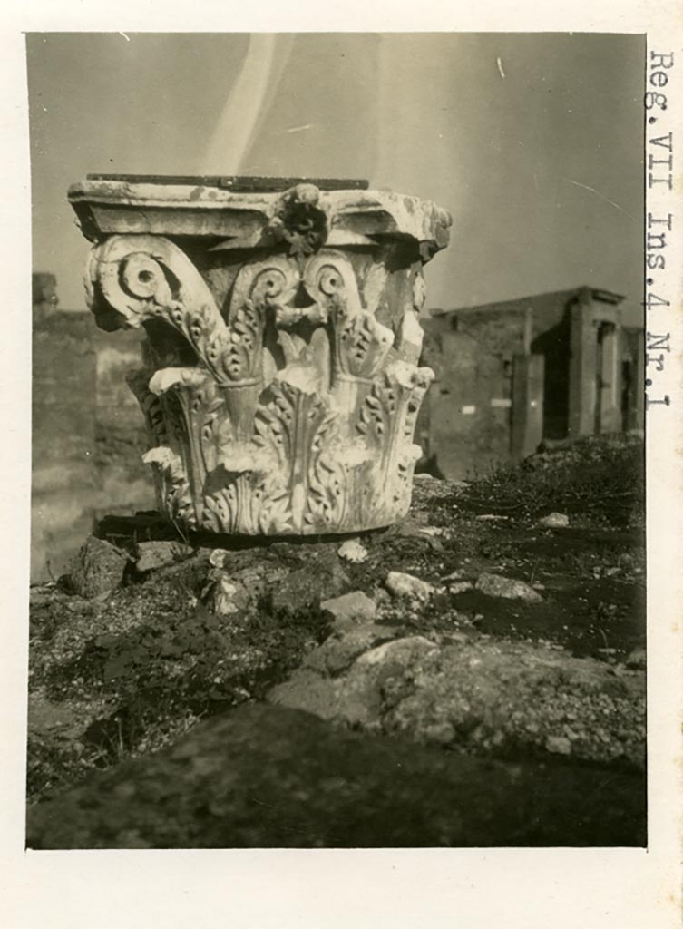 VII.4.1 Pompeii. Pre-1937-39.
Capital on upper podium, looking north-east towards doorway of House of the Faun.
Photo courtesy of American Academy in Rome, Photographic Archive. Warsher collection no. 1193.