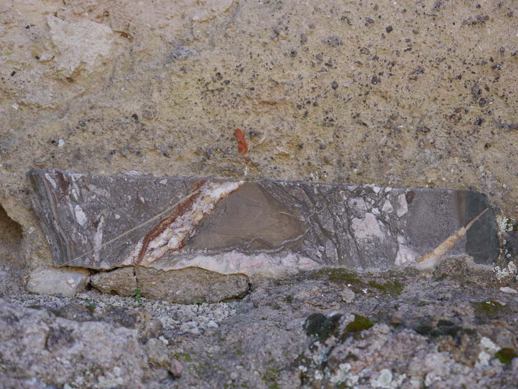 VII.4.1, Pompeii. March 2019. Detail of marble from niche on east end of south wall of cella/sanctuary. 
Foto Anne Kleineberg, ERC Grant 681269 DÉCOR.
