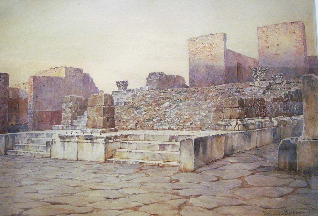 VII.4.1 Pompeii. Watercolour by Luigi Bazzani, looking north-east towards Temple of Fortuna Augusta on Via del Foro.