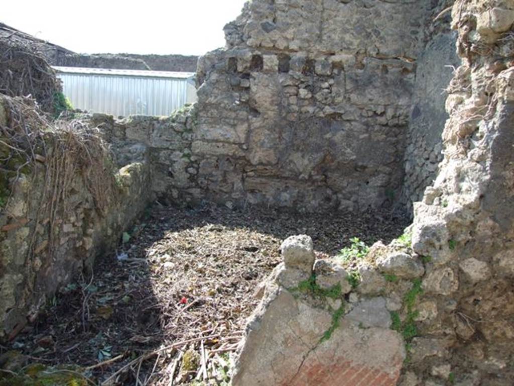 VII.4.29 Pompeii.  March 2009.Room on west side of small courtyard or garden.  The remains of the pink plaster may be the west wall of the courtyard garden. See Jashemski, W. F., 1993. The Gardens of Pompeii, Volume II: Appendices. New York: Caratzas. (p.178-9).  See Pappalardo, U., 2001. La Descrizione di Pompei per Giuseppe Fiorelli (1875). Napoli: Massa Editore. (p.90).