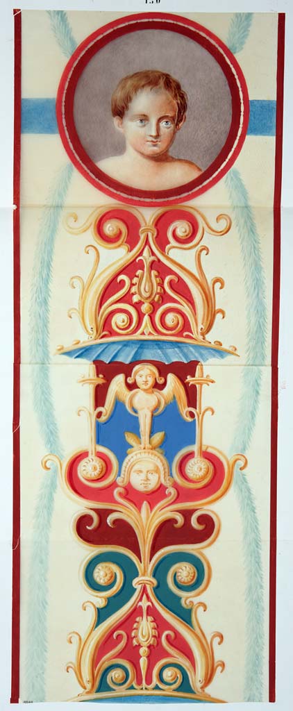 VII.4.31/51 Pompeii (also entered at VII.1.25). 
Room 29, apsidal exedra. Anonymous painting of decorative motifs.
According to the ICCD scheda – 
La tempera raffigura un candelabro grottesco costituito da delfini accoppiati desinenti in volute, da una sfinge appoggiata ad un "gorgoneìon" e da un medaglione con un busto-ritratto di un bambino. La tempera raffigura un particolare della decorazione pittorica parietale in IV stile dell'esedra 31 della Casa dei Capitelli colorati a Pompei (VII.4.31), rimasta in situ ma in cattivo stato di conservazione. Si vedano la tempera e l'acquerello inventariati ADS 610-611 di cui il soggetto fa parte.
(The painting depicts a grotesque candelabrum consisting of dolphins coupled in volutes, a sphinx leaning on a “gorgon” and a medallion with a portrait-bust of a child. The painting depicts a detail of the wall decoration in the IV style of Exedra 31 of the House of the Coloured Capitals in Pompeii (VII.4.31), still in situ but in a poor state of conservation. See the painting and watercolour inventoried ADS 610-611 of which the subject is part.)

This was seen on the right of the painting of a priestess receiving the offerings from a maid to deposit upon the altar, on the north wall of the apsed room, the vertical band with grotesque candelabra is still conserved. 
Now in Naples Archaeological Museum. Inventory number ADS 612.
Photo © ICCD. https://www.catalogo.beniculturali.it/
Utilizzabili alle condizioni della licenza Attribuzione - Non commerciale - Condividi allo stesso modo 2.5 Italia (CC BY-NC-SA 2.5 IT)

According to Niccolini and Gell, this was from Strada Stabiana casa numero 57, VII.1.25.

