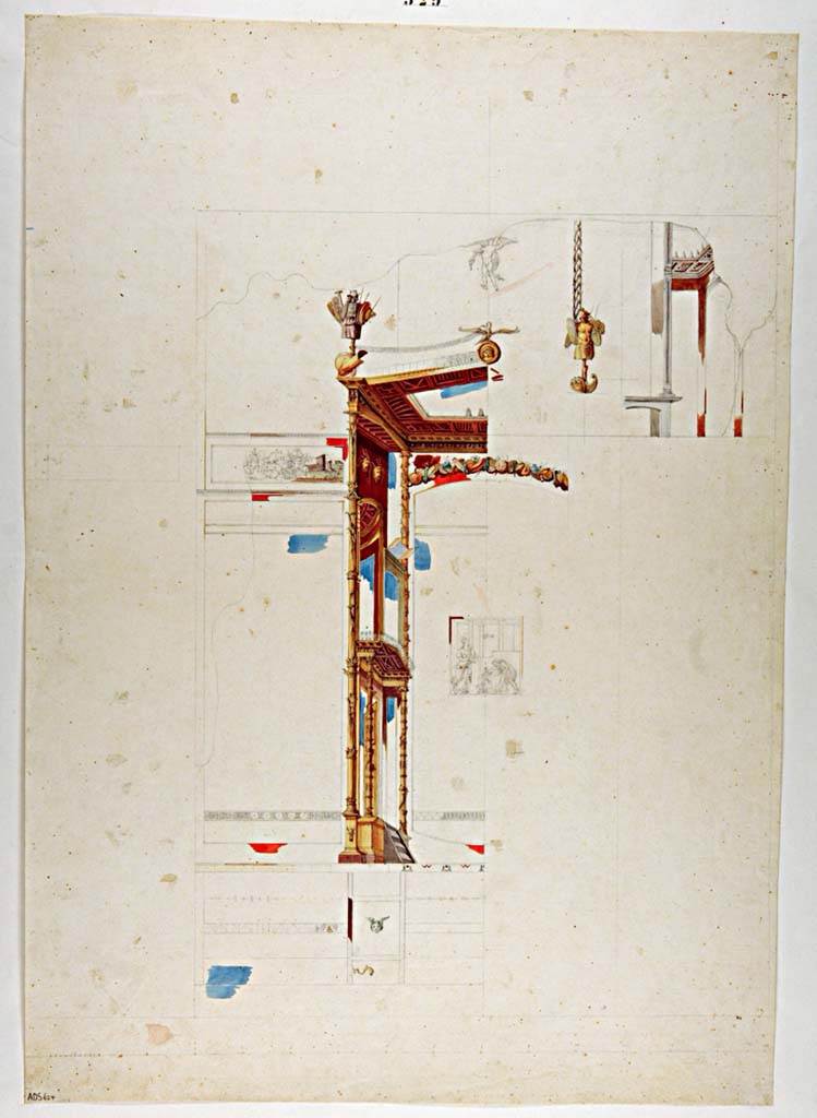 VII.4.31/51 Pompeii. Room 18, south wall of exedra. Drawing of east side of central area of south wall, by Antonio Ala. 
The central painting would have been the Sale of Cupids. 
See Helbig, W., 1868. Wandgemälde der vom Vesuv verschütteten Städte Campaniens. Leipzig: Breitkopf und Härtel, (825).
Now in Naples Archaeological Museum. Inventory number ADS 624.
Photo © ICCD. https://www.catalogo.beniculturali.it/
Utilizzabili alle condizioni della licenza Attribuzione - Non commerciale - Condividi allo stesso modo 2.5 Italia (CC BY-NC-SA 2.5 IT)
