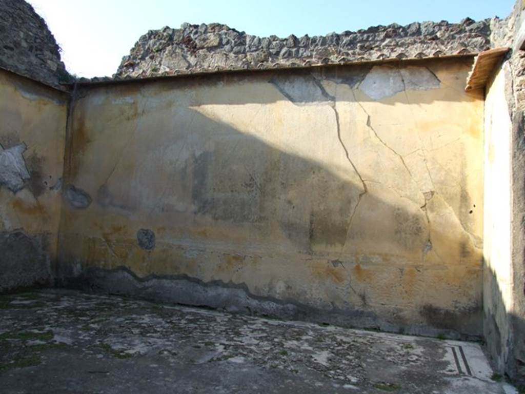 VII.4.31/51 Pompeii. March 2009. Room 20, north wall of oecus. 
According to PPM, the painting in the centre of the north wall would have been a mythological painting.
This painting was not cut from the wall because it was very deteriorated at the time when it was found.
It had been described by Mau (BdI, 1875, pp.237-238), the theme shown was Danae holding Perseus by the hand, on the island of Seriphos, in the presence of some fishermen. The painting appears to have never been drawn.
See Carratelli, G. P., 1990-2003. Pompei: Pitture e Mosaici Vol. VI. Roma: Istituto della enciclopedia italiana, p. 1046.
According to Warscher, the painting in the middle of the north wall was of Helios and Rhodos.
See Warscher, T. 1942. Catalogo illustrato degli affreschi del Museo Nazionale di Napoli. Sala LXXXII. Vol.4. Rome, Swedish Institute (and below).
