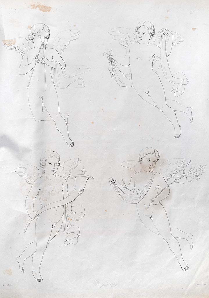 VII.4.48 Pompeii. 1839. Four flying figures, drawn by Zahn.
According to Zahn –
“These were found on a white background in a room to the left of the atrium, detached in the summer of the same year.
The wings of the cupids playing the pan-pipes were grey/violet, and his clothing was yellow.
The clothing of the other cupid, at the top, was violet.
The cupid carrying the golden horn of abundance, had blue clothing and the wings were of violet and yellow.
The wings of the fourth cupid were blue and green, the clothing with the fruits was white, yellow in the shadows.”
See Zahn, W., 1842-44. Die schönsten Ornamente und merkwürdigsten Gemälde aus Pompeji, Herkulanum und Stabiae: II. Berlin: Reimer, taf. 10.
(Note: Zahn said these figures were from a room on the left of the atrium, this would either mean our rooms 3, 4 or 5, none of which has any decoration left to be able to identify the correct room).
