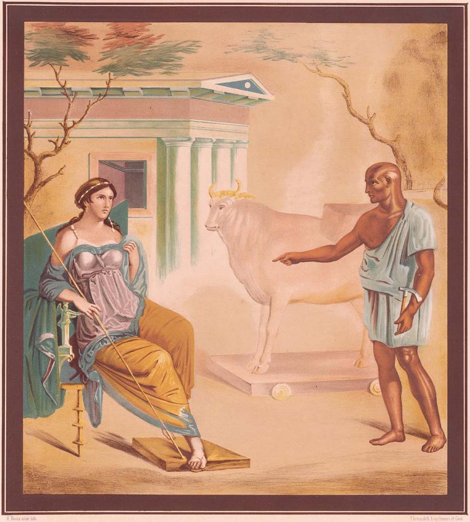 VII.4.48 Pompeii. 1846 painting by H. Roux of a painting of Daedalus showing Pasiphae the wooden cow. 
See Raoul-Rochette M., 1846. Choix de Peintures de Pompei. Paris : L’Imprimerie Royale, pl. 13.

