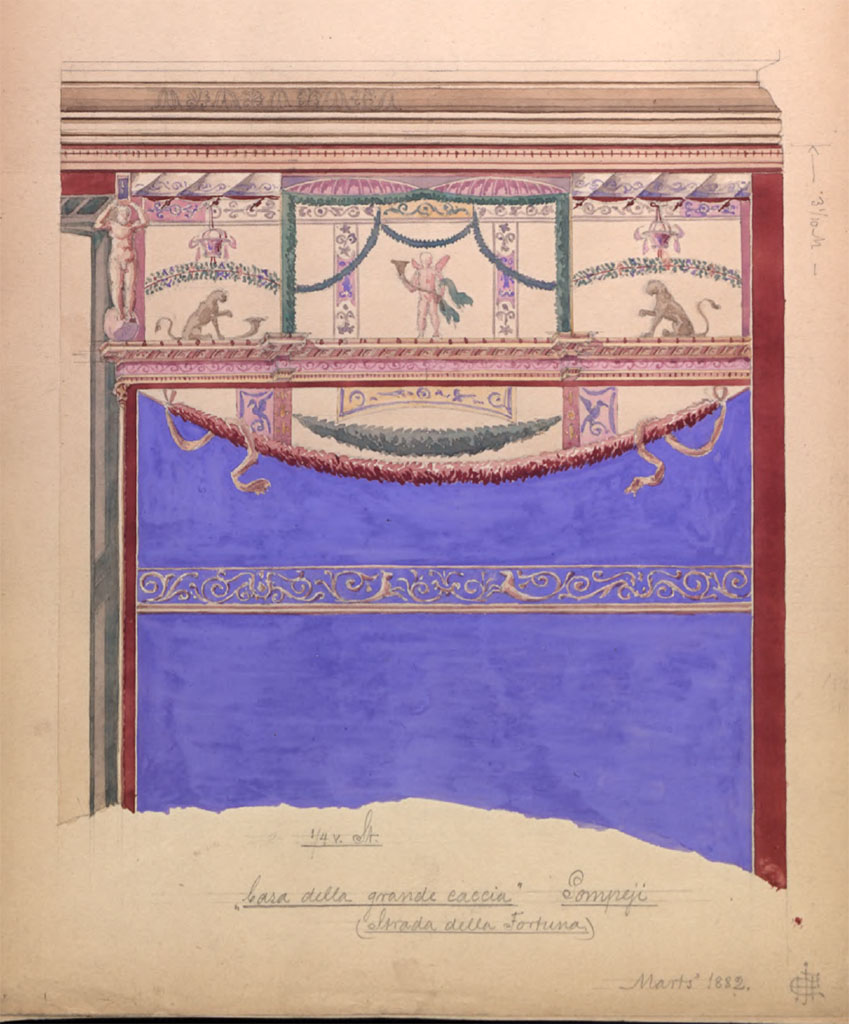 VII.4.48 Pompeii. March 1882. Room 11, painting by Hector Estrup (1854-1904) of upper west wall in south-west corner.
(The same painting appeared in all four upper corners of the east and west wall of the room).
See Skitsebog Hector Estrup (1854-1904) Italiensrejse 1882, pl. 12. 
© Danmarks Kunstbibliotek, inventory number 52694.
http://kunstbib.dk/en/collections/sketchbooks/sketchbooks/000036205
