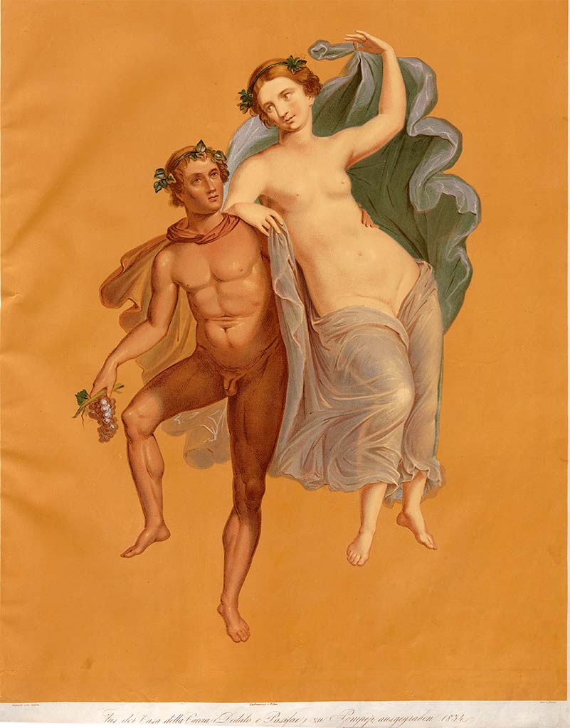 VII.4.48 Pompeii. c.1834. Painting by Zahn of a flying group perhaps representing Bacchus and Ariadne, or else Baccantes. 
According to Zahn, this was found on the north wall of the exedra.
On the west wall would have been seen another flying group, counterpart to the above.
See Zahn, W., 1842-44. Die schnsten Ornamente und merkwrdigsten Gemlde aus Pompeji, Herkulanum und Stabiae: II. Berlin: Reimer, taf. 87, and plan of house on pl.80 for position of f and g.)
