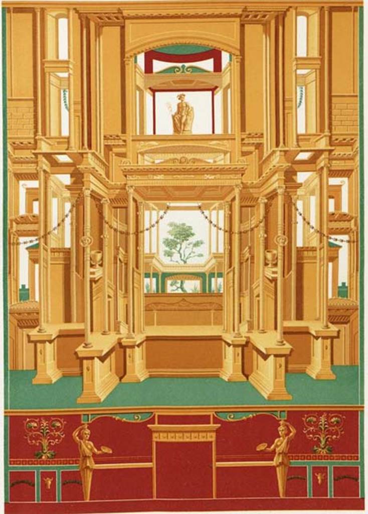 VII.4.48 Pompeii. Room 13, drawing of west wall. See Niccolini F, 1890. Le case ed i monumenti di Pompei: Volume Terzo. Napoli. Tav. XX.
