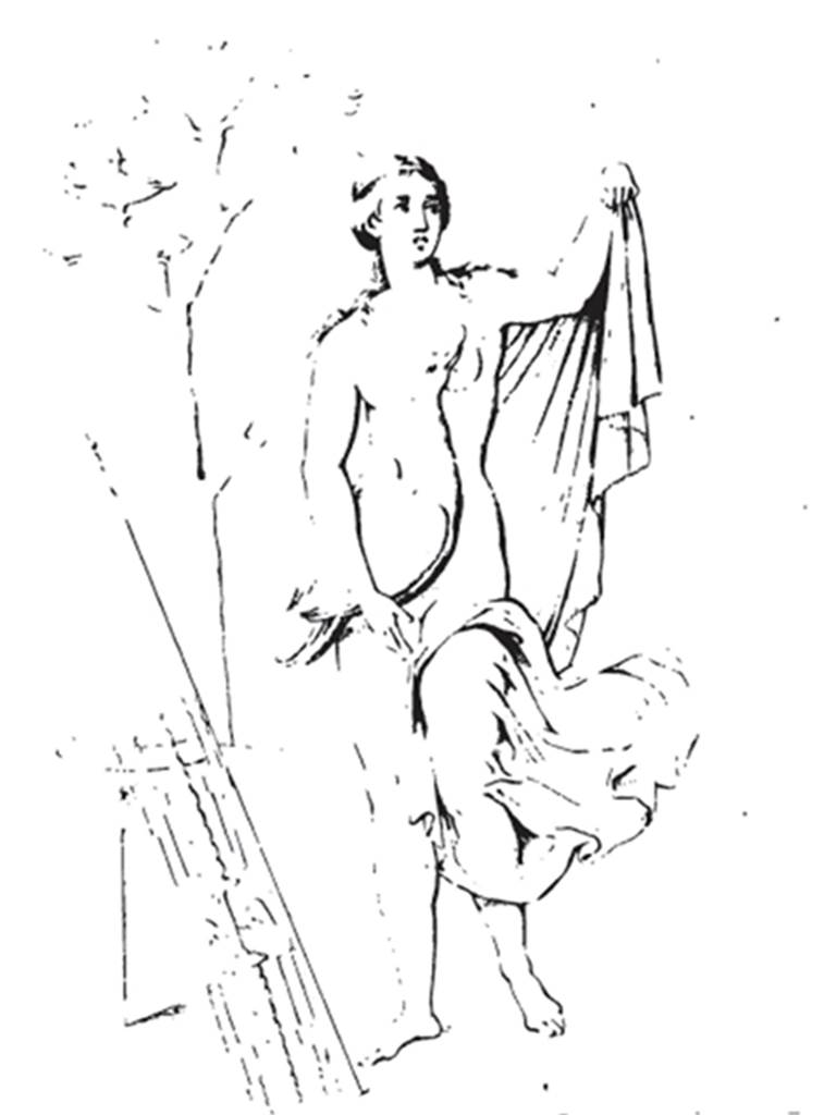 VII.4.48 Pompeii. About 1835.  Room 14, centre panel of south wall of cubiculum. Sketch of wall painting of Leda and the swan. See Helbig, W., 1868. Wandgemlde der vom Vesuv verschtteten Stdte Campaniens. Leipzig: Breitkopf und Hrtel. (145). See also Real Museo Borbonico XI (Pl 21)
