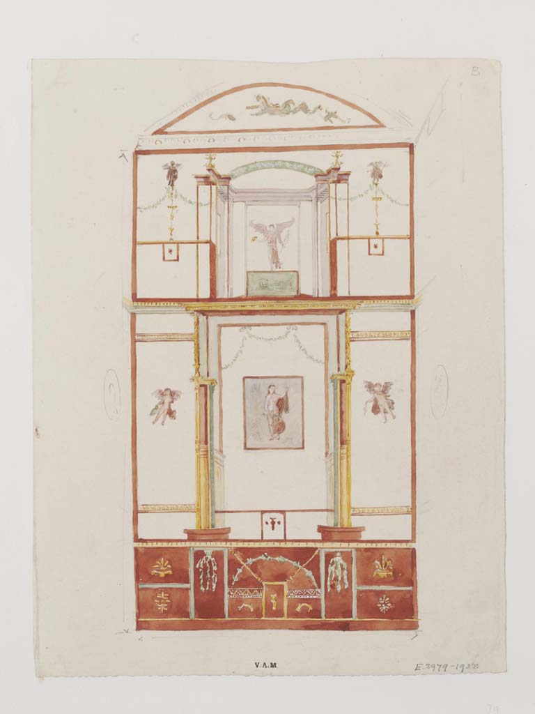 VII.4.48 Pompeii. c.1840. Room 14, looking towards west wall of cubiculum, painted by James William Wild.
(Note: the central painting here shows Leda and the Swan, which is from the south wall). 
Photo  Victoria and Albert Museum, inventory number E.3979-1938.
