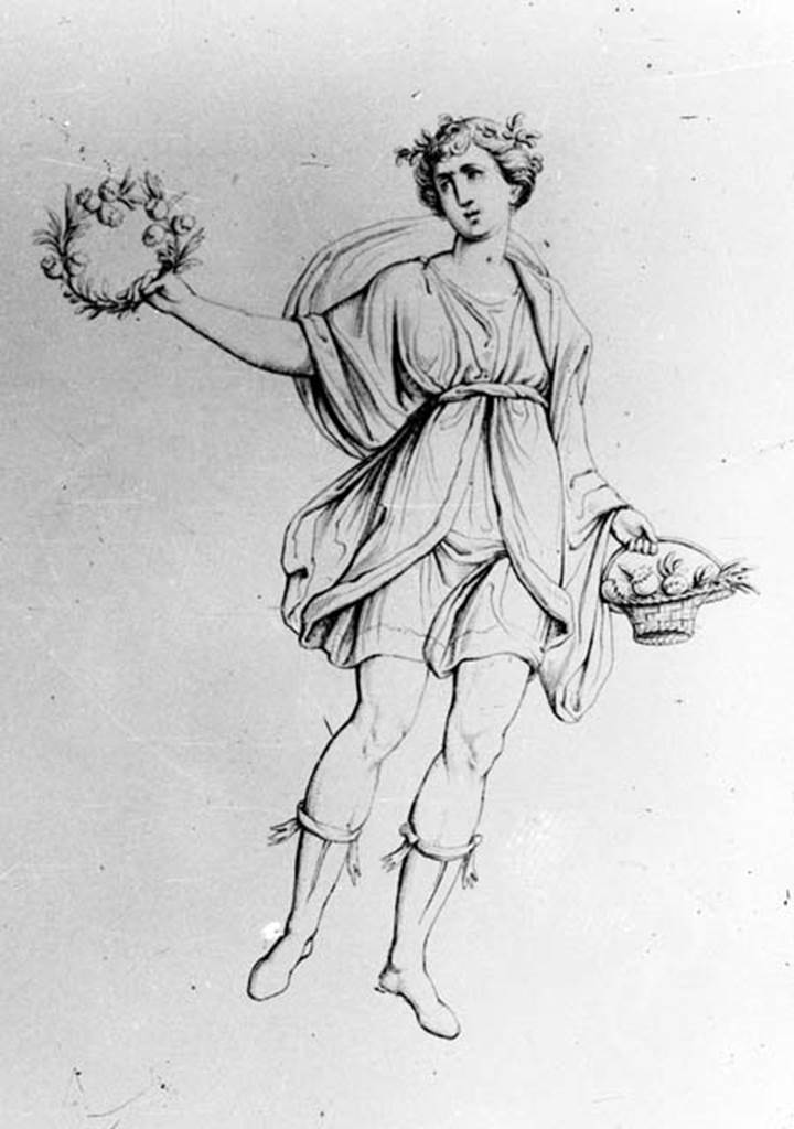 VII.4.48 Pompeii. Detail from W.20. Drawing of vignette of Autumn, from west wall of atrium. See Real Museo Borbonico, XII, 1839 Tav 18.
Photo by Tatiana Warscher. With kind permission of DAI Rome, whose copyright it remains. 
See http://arachne.uni-koeln.de/item/marbilderbestand/230710 
