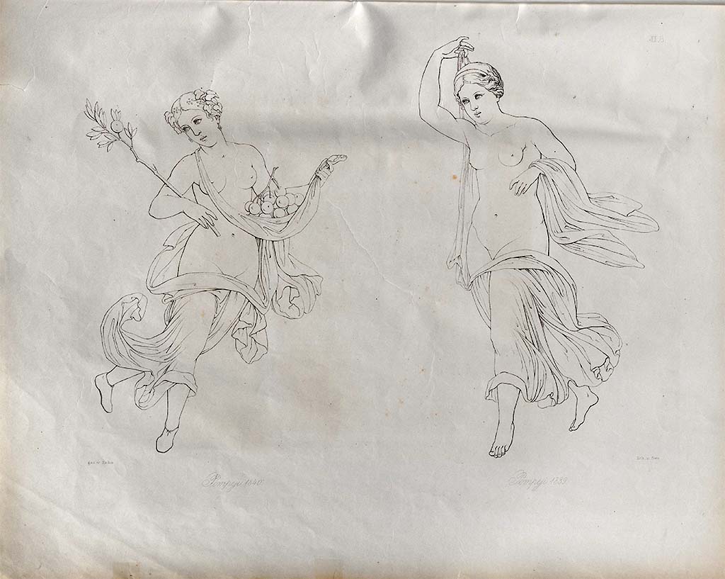 VII.4.48 Pompeii. Found 1839 and 1840, two feminine flying figures. 
According to Zahn  The figure found in November 1839 in a new house on the Strada della Fortuna, was painted on a red background, the clothing was yellow above and white below; the clothing on the left arm was violet.
The other figure with the fruits and carrying a branch in the right hand (perhaps this figure represents Summer or Autumn, belonging to the same house, and was painted on a yellow background.
See Zahn, W., 1842-44. Die schnsten Ornamente und merkwrdigsten Gemlde aus Pompeji, Herkulanum und Stabiae: II. Berlin: Reimer, taf. 8.

