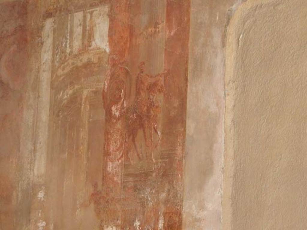 VII.4.48 Pompeii. May 2015. Room 18, detail from east side of central missing wall painting. Photo courtesy of Buzz Ferebee.
