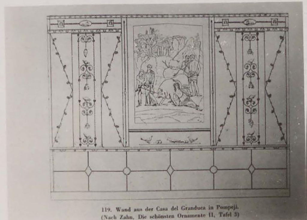 VII.4.56 Pompeii. Pre 1942. Room 9, tablinum.
According to Warscher, Zahn has left a design that gives an idea of the entire painted wall.
(Lo Zahn ci ha lasciato un disegno che ci da unidea dellintera parete dipinta.)
See Warscher, T. 1942. Catalogo illustrato degli affreschi del Museo Nazionale di Napoli. Sala LXXIX. Vol.1. Rome, Swedish Institute
