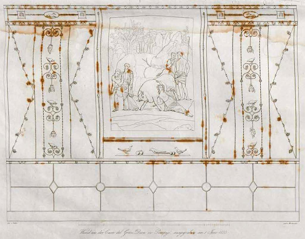VII.4.56 Pompeii. 1842. Room 9, tablinum. Wall decoration by Zahn.
See Zahn, W., 1842. Die schnsten Ornamente und merkwrdigsten Gemlde aus Pompeji, Herkulanum und Stabiae: II. Berlin: Reimer, Taf. 3.
