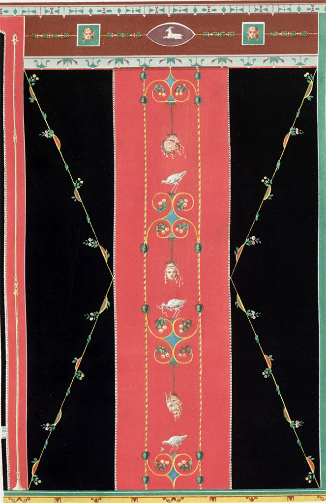 VII.4.56 Pompeii. Room 9, tablinum, east wall. 1849 painting of the panel to the right of the central zone.by Zahn.
See Zahn, W., 1849. Ornamente aller klassischen Kunst-Epochen nach den Originalen in ihren eigenthmlichen Farben. Berlin: Reimer, Tav. 51.
See Carratelli, G. P., 1990-2003. Pompei: Pitture e Mosaici: Vol. VII. Roma: Istituto della enciclopedia italiana, p. 54, n. 18.
Note in PPM the painting is shown reversed from ours which we have shown as printed by Zahn in 1849 and in the drawing of 1842 above.
