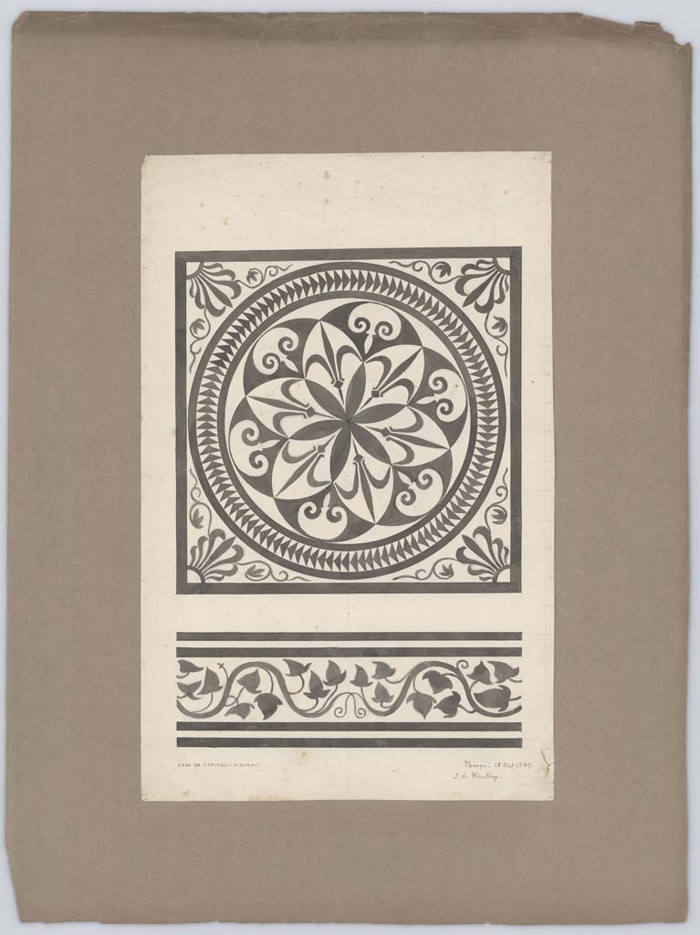 VII.4.57 Pompeii. 15th October 1849. 
Drawing of mosaic in centre of tablinum, and from the threshold, by Laurits Albert Winstrup. 
Photo © Danmarks Kunstbibliotek, inventory number ark_6112.

