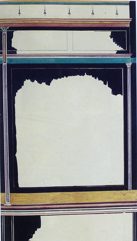 VII.4.57 Pompeii. 1849. West wall of north portico of peristyle.
1849 painting by Fredrik Wilhelm Scholander (1816-1880): Väggmålning i portiken till Casa dei Capitelli figurati, Pompeji.
Photo Swedish National Museum Stockholm. Inventory number 1389-1882.
According to PPM, single surviving parts of colour on the scant remains confirm the accuracy of the reproduction.
See Carratelli, G. P., 1990-2003. Pompei: Pitture e Mosaici: Vol. VII. Roma: Istituto della enciclopedia italiana, p. 91, no. 43.


