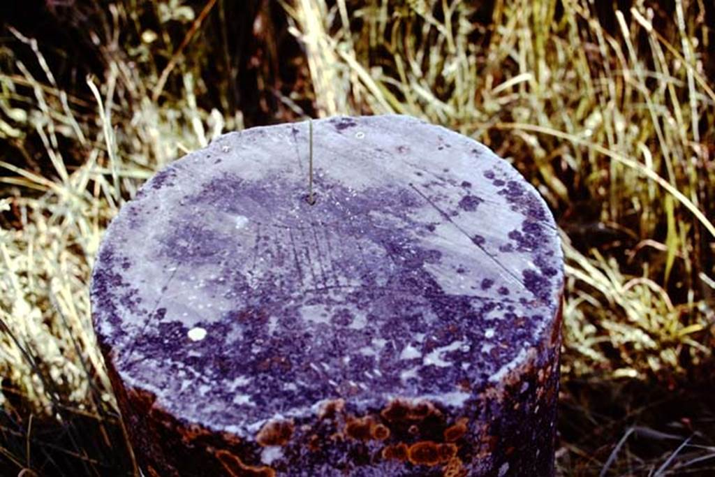 VII.4.57 Pompeii, 1978. Sundial carved onto top of a marble column. Photo by Stanley A. Jashemski.   
Source: The Wilhelmina and Stanley A. Jashemski archive in the University of Maryland Library, Special Collections (See collection page) and made available under the Creative Commons Attribution-Non Commercial License v.4. See Licence and use details. J78f0086

