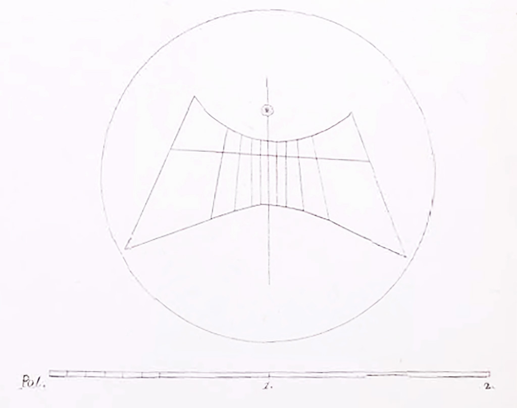 VII.4.57 Pompeii. 1834. North-east corner of peristyle. Drawing of pattern of sundial carved onto top of the marble column.
See Avellino, F. M. Descrizione di una Casa Pompejana Disotterrata in Pompeii nell’anno 1831, 1832, 1833 la terza alle spalle del tempio della Fortuna Augusta. Naples, 1837, Tav. III. Fig. 5.
