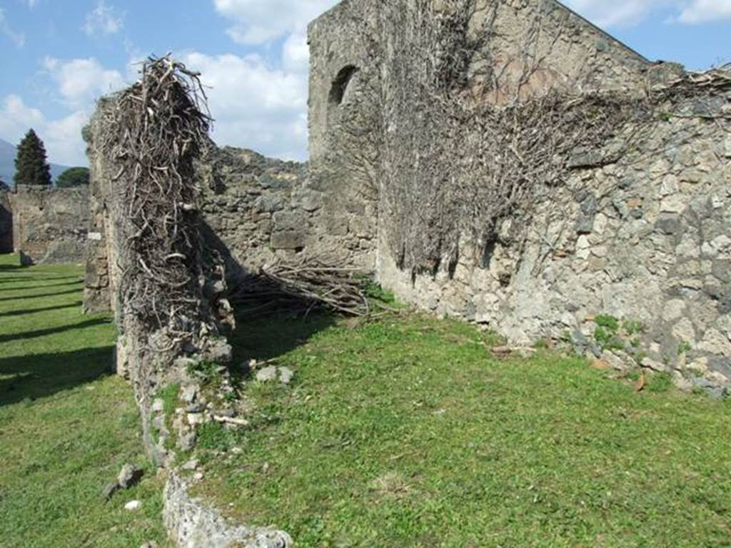 VII.4.57 Pompeii. March 2009. Site of Room 18, looking north-east into room 17. According to Jashemski, and Della Corte, at the time of the eruption the peristyle had been converted into an officina textrinum, or weaver’s workshop. Inscribed graffiti indicate the location of 3 looms under the portico, and record the names of the three servants or male weavers who attended them. According to Della Corte, their names were – 
Texe(ntis)  Erati  locus    (CIL IV 1570, 1571)
Tiburtinus (sic) locus      (CIL IV 1569)
Crescentis locus              (CIL IV 1572)
See Jashemski, W. F., 1993. The Gardens of Pompeii, Volume II: Appendices. New York: Caratzas. (p.181)
See Della Corte, M., 1965.  Case ed Abitanti di Pompei. Napoli: Fausto Fiorentino. (p.124)
According to Epigraphik-Datenbank Clauss/Slaby (See www.manfredclauss.de), these read -
Tiburtinus locus  (CIL IV 1569)
Texe(ntis)  (CIL IV 1570
Erati locus  (CIL IV 1571)
Crescentis locus  (CIL IV 1572)

