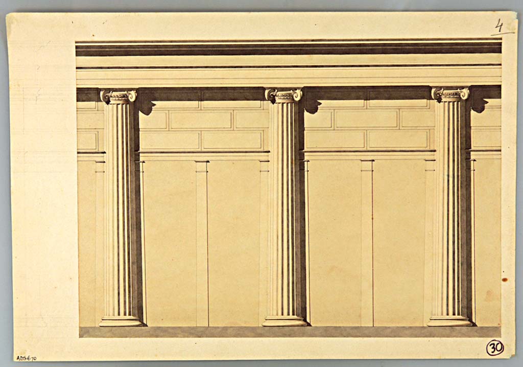 VII.4.57 Pompeii. Anonymous drawing of First Style stucco facings on the peristyle wall.  
Now in Naples Archaeological Museum. Inventory number ADS 670.
Photo © ICCD. http://www.catalogo.beniculturali.it
Utilizzabili alle condizioni della licenza Attribuzione - Non commerciale - Condividi allo stesso modo 2.5 Italia (CC BY-NC-SA 2.5 IT)
