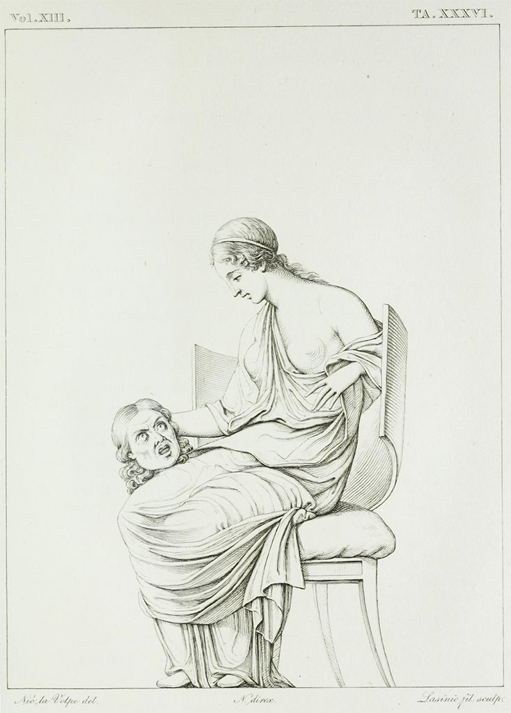 VII.4.57 Pompeii. Pre 1843. Drawing of seated actress holding a mask by La Volpe, described in RMB as –
« ….. questo bello affresco pompejano dipinto su campo rosso in una piccola parete della casa così detta de’ capitelli colorati.»
See Real Museo Borbonico, vol. XIII (13), 1843, tav. XXXVI (36).
