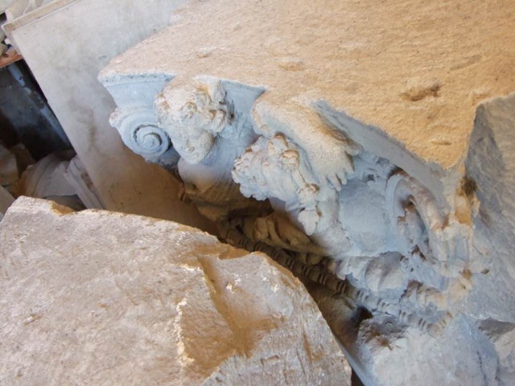 VII.4.57 Pompeii. December 2006, on display in Forum Granaio at VII.7.29.
Drunken satyr and a maenad on a capital. This faced the Via della Fortuna on the top of right-hand side of entrance.