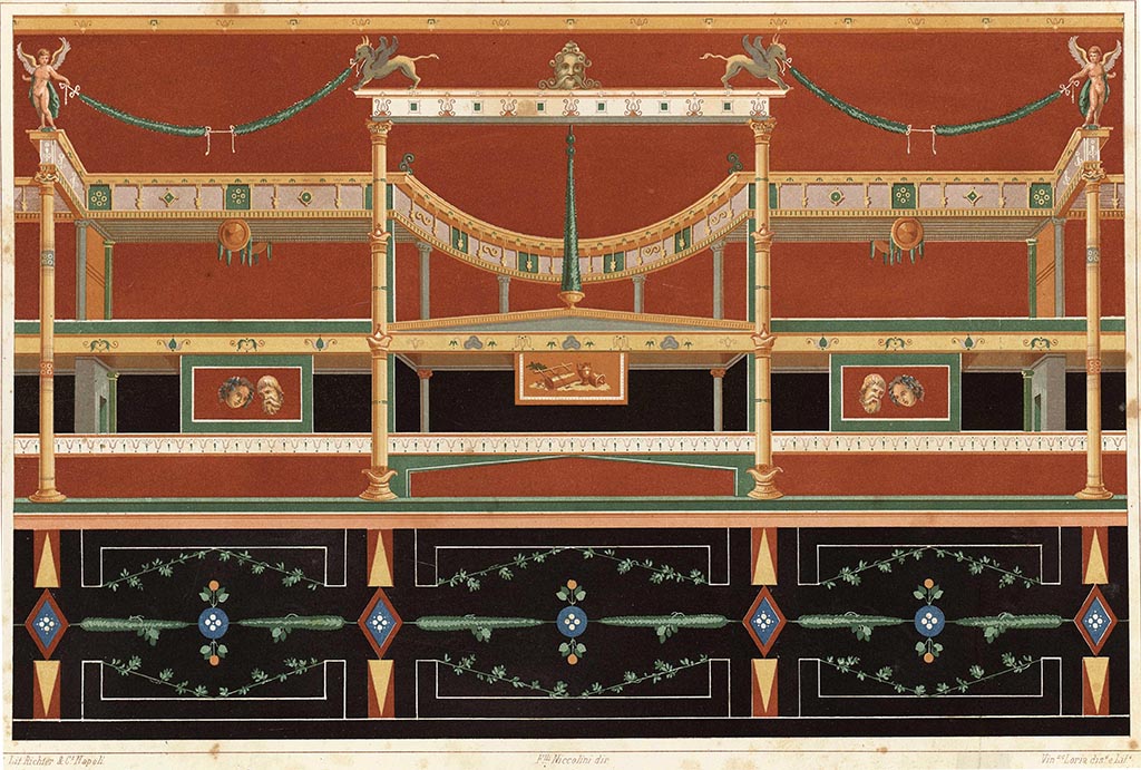 VII.4.59 Pompeii. Pre-1862 painting by Vincenzo Loria of oecus m, west wall.
According to Niccolini –
“PITTURA MURALE. - in questa tavola è evidentemente dimostrato che il seppellimento di Pompéi dovette avvenire in diversi periodi, ed in più o meno denso calorico. È però incerto il precisare, se i rossi per tali circostanza, divennero gialli o viceversa, ma che ciò avvenisse e indubitato, come vedesi in questa parete tuttora esistente in Pompei.” (Tav. LIII)
(trans: “WALL PAINTING. - in this table it is evidently demonstrated that the burial of Pompeii must have taken place in different periods, and in gretaer or lesser densities of heat. However, it is uncertain whether the reds became yellow under these circumstances or vice versa, but there is no doubt that this happened, as can be seen in this wall which still exists in Pompeii.”
See Niccolini F, 1862. Le case ed i monumenti di Pompei: Volume Secondo. Napoli, Tav. LIII.