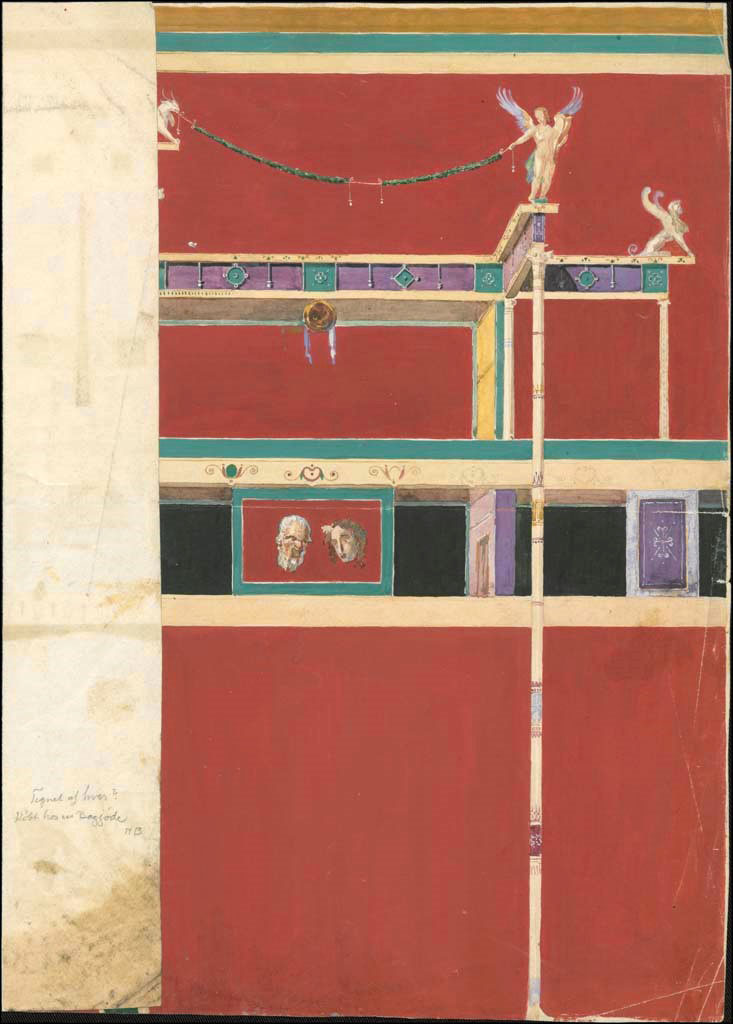 VII.4.59 Pompeii. Undated painting of detail from west wall in Oecus “m”.
Painting by Martin Borch 1852-1937. Photo © Danmarks Kunstbibliotek inv no ark_16397.