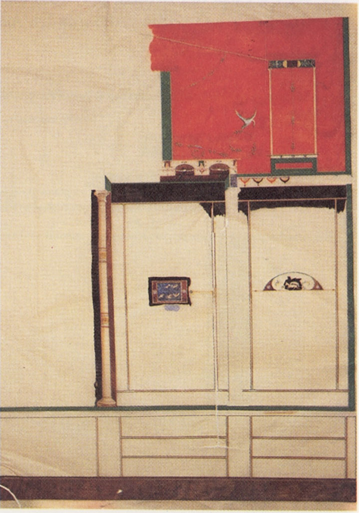 VII.4.59 Pompeii. 1837 Boulanger painting of peristyle o, east wall of the north porticus.
See Hanoune R., A and M De Vos, 1985. Gli acquarelli pompeiani di F. Boulanger [Casa dei Bronzi, Casa del labirinto], MEFRA Antiquité T. 97, n. 2. 1985. pp. 841-878. 
Read on Persee.fr.
