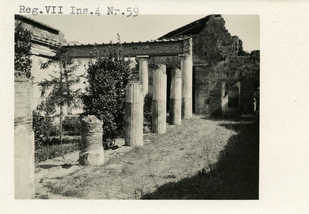 VII.4.59 Pompeii. pre 1937-39. Peristyle o, looking south along west portico.
Photo courtesy of American Academy in Rome, Photographic Archive. Warsher collection no. 1799

According to PPM –
Following on from the damage caused by the bombardment during the Second World War, the rooms (p), (q), ( r), (s), (t), (u) and (v), previously situated to the west and south-west of the peristyle, are now lost and have been incorporated into the buildings of the Direzione degli Scavi. However, we have the description by Avellino, who had the opportunity to see them.
See Carratelli, G. P., 1990-2003. Pompei: Pitture e Mosaici. VII (7). Roma: Istituto della enciclopedia italiana, (p.93).
