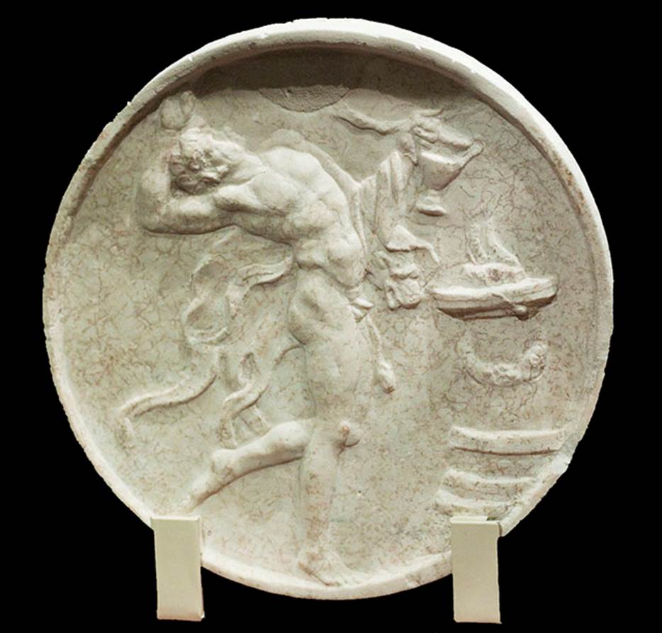 VII.4.59 Pompeii. Peristyle o, double sided oscillum (side A) with a satyr. 
On the reverse is a maenad.
Now in Naples Archaeological Museum.  Inventory number 6641.
