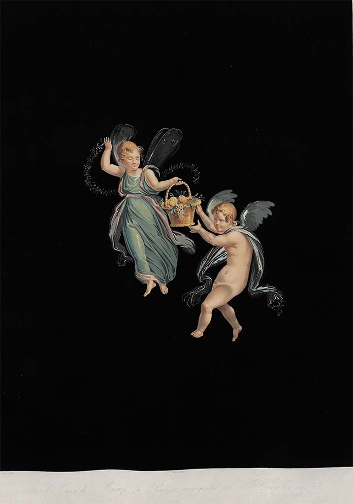 VII.4.59 Pompeii. 4th December 1833. Painting by Zahn.
According to Zahn, this is a painting of the flying group, Cupid and Psyche, from the north end of the richly painted west wall which he had outlined in Plate No.53, above. 
See Zahn, W., 1842-44. Die schönsten Ornamente und merkwürdigsten Gemälde aus Pompeji, Herkulanum und Stabiae: II. Berlin: Reimer, taf. 67.

