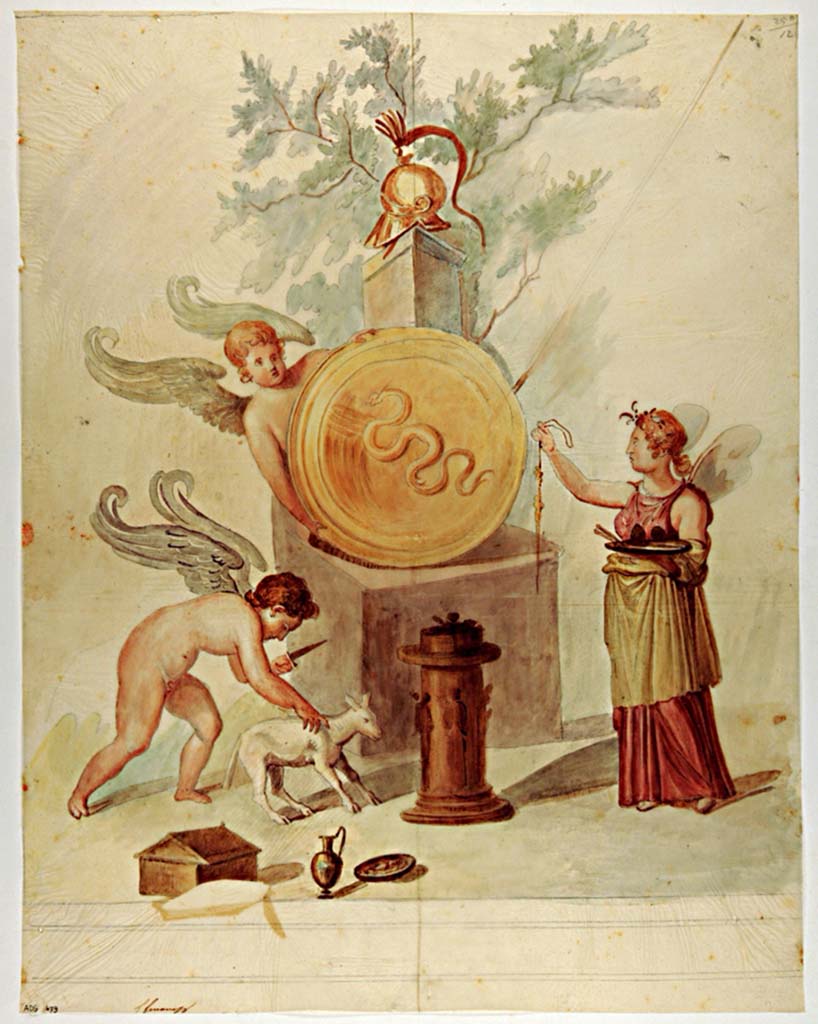 VII.4.59 Pompeii. Painting attributed to Giuseppe Marsigli, a copy of the painting of Cupids and Psyche making sacrifices to Mars.
Found in the Exedra or triclinium y, south wall. 
Now in Naples Archaeological Museum. Inventory number ADS 679.
Photo © ICCD. http://www.catalogo.beniculturali.it
Utilizzabili alle condizioni della licenza Attribuzione - Non commerciale - Condividi allo stesso modo 2.5 Italia (CC BY-NC-SA 2.5 IT)